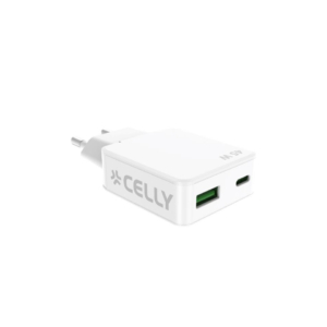 Caricatore da parete ultra slim Celly GaN 1x USB-C 45W 1x USB-A 18W bianco SLIMTC1C1A45WWH