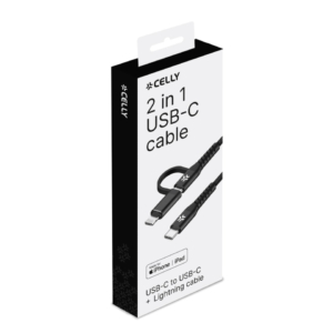 Cavo USB-C/USB-C Celly USBC2IN1 in nylon intrecciato con adattatore Lightning 100W - 1 m nero - USBC2IN1BK