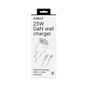 Caricatore da parete Celly UPTC1 GaN 1x USB-C 25W + cavo USB-C / USB-C in gomma - bianco - UPTC1USBC25WCTC