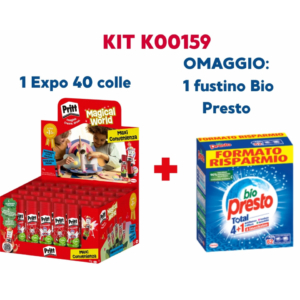 Kit composto da un espositore da banco di 40 colle Pritt Stick Original nel formato 43 grammi. In omaggio all'acquisto è compreso un fustino di Detersivo in polvere per lavatrice Bio Presto da 62 lavaggi. La colla è al 97% composta da ingredienti naturali. Grafiche a tema «Magical World» per la campagna scuola. Personaggi collezionabili: Pritt Panda e Pritt Scimmietta. Dimensioni display: 24 x 23 x H.13 cm.