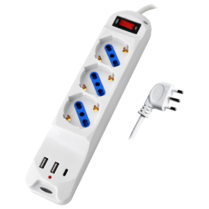 Multipresa con pulsante MKC 3 posizioni schuko bipasso 10/16A + 2 USB-A e 1 USB-C spina 16A 2P+T cavo 1,5 m