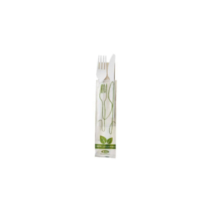 Set forchetta, coltello e tovagliolo in CPLA biodegradabile e compostabile Leone bianco - Q2048.S (conf.250)
